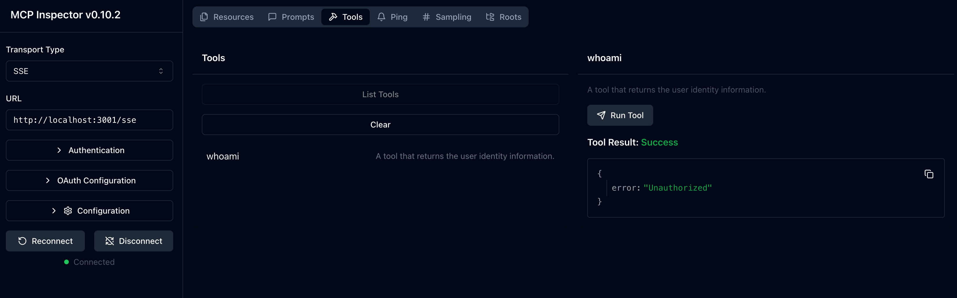Première exécution de l’inspecteur MCP