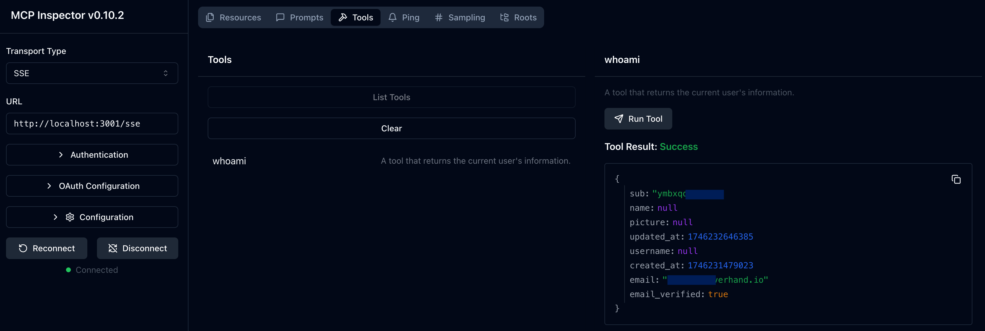 Resultado da ferramenta whoami no MCP inspector